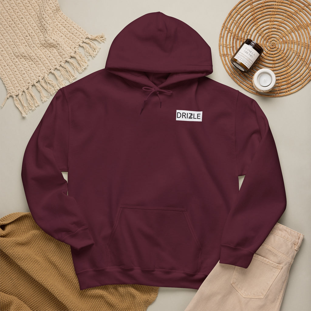 Drizzle minimalist text Hoodie | Small Chest Logo, White Pullover