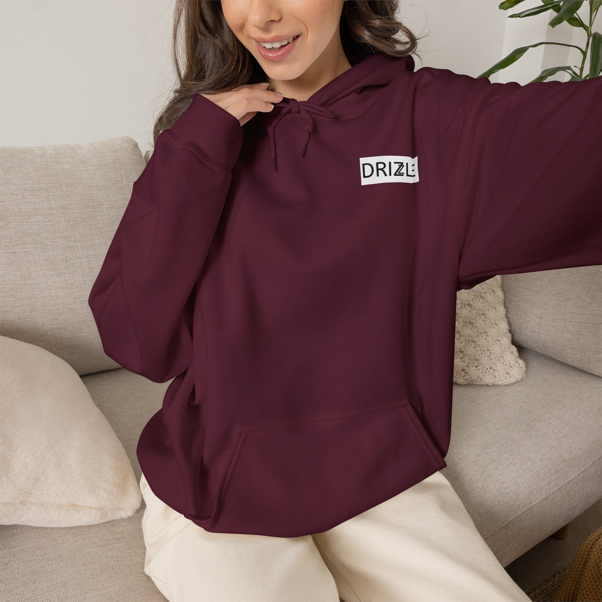 Drizzle minimalist text Hoodie | Small Chest Logo, White Pullover