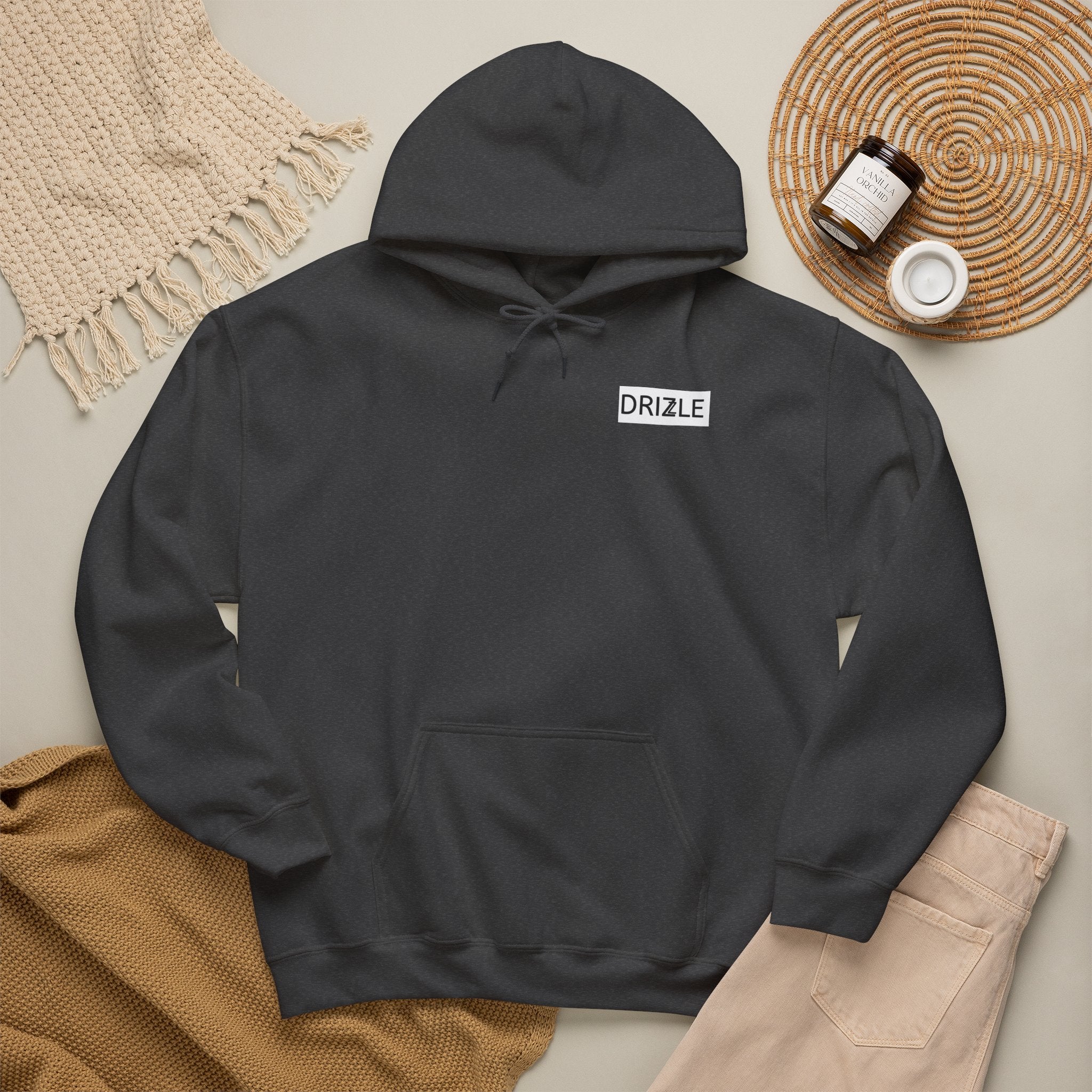 Drizzle minimalist text Hoodie | Small Chest Logo, White Pullover