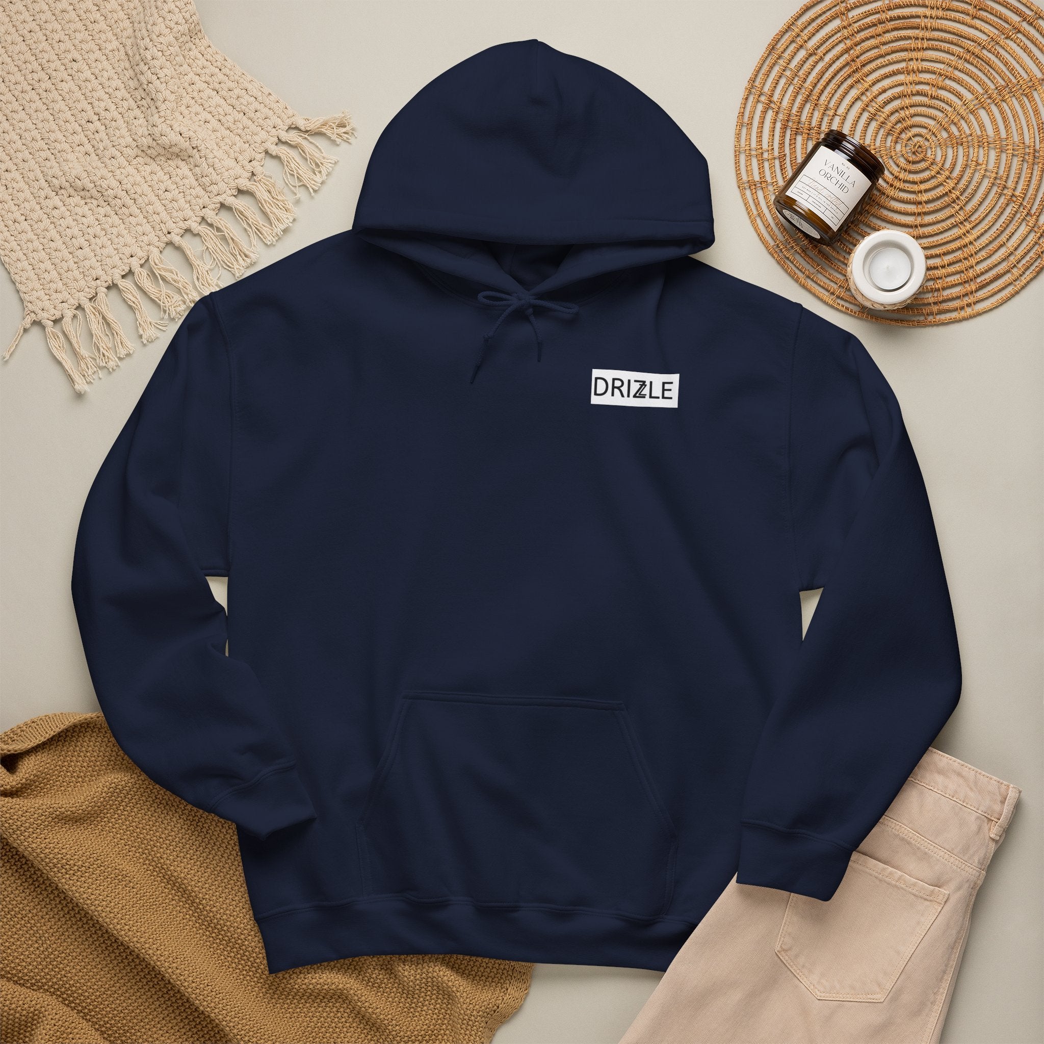 Drizzle minimalist text Hoodie | Small Chest Logo, White Pullover