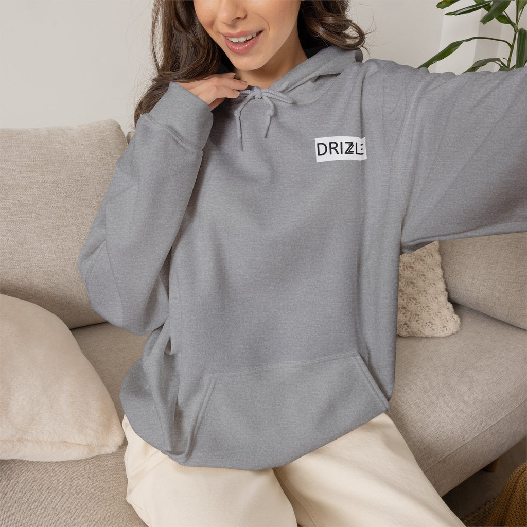 Drizzle minimalist text Hoodie | Small Chest Logo, White Pullover