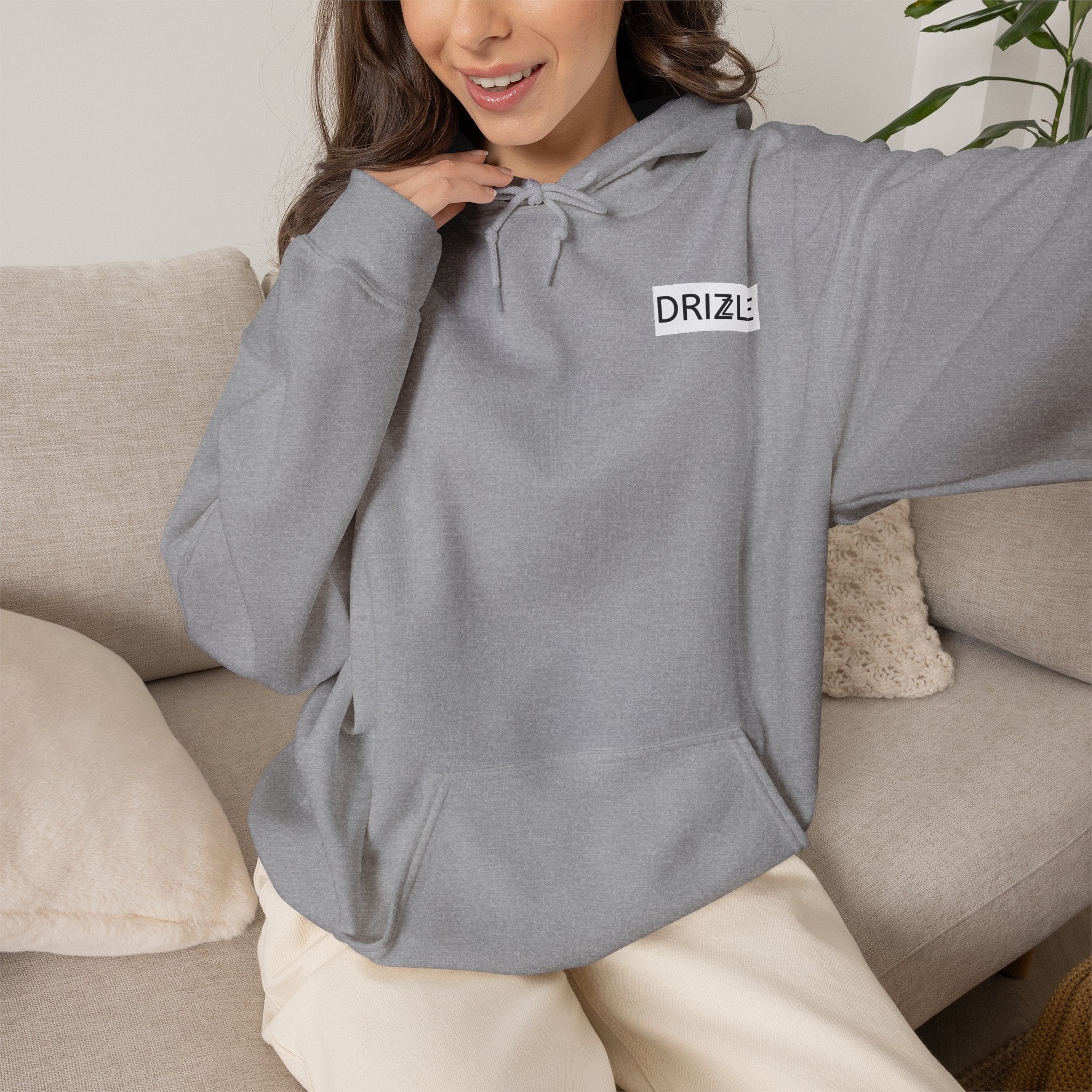 Drizzle minimalist text Hoodie | Small Chest Logo, White Pullover