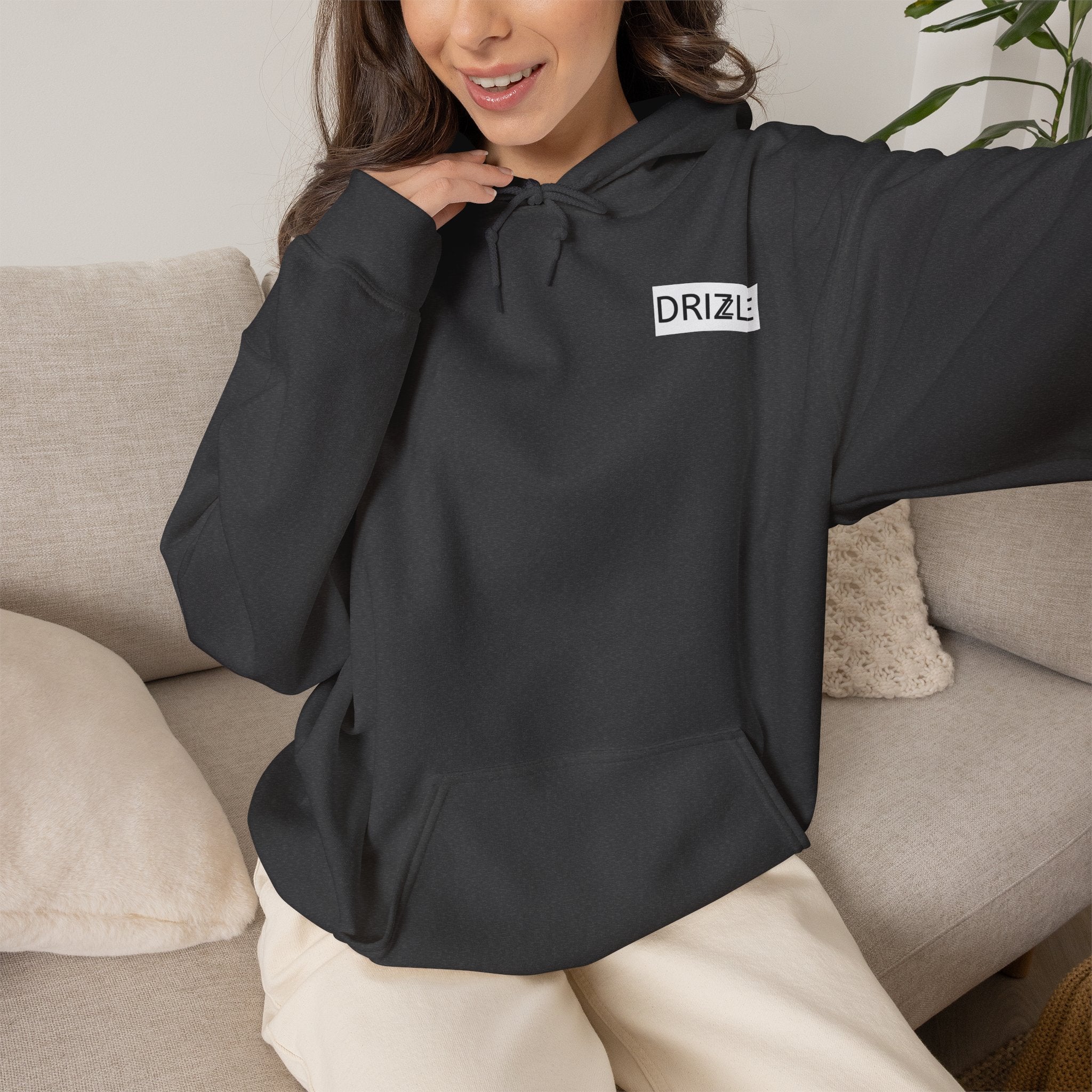 Drizzle minimalist text Hoodie | Small Chest Logo, White Pullover